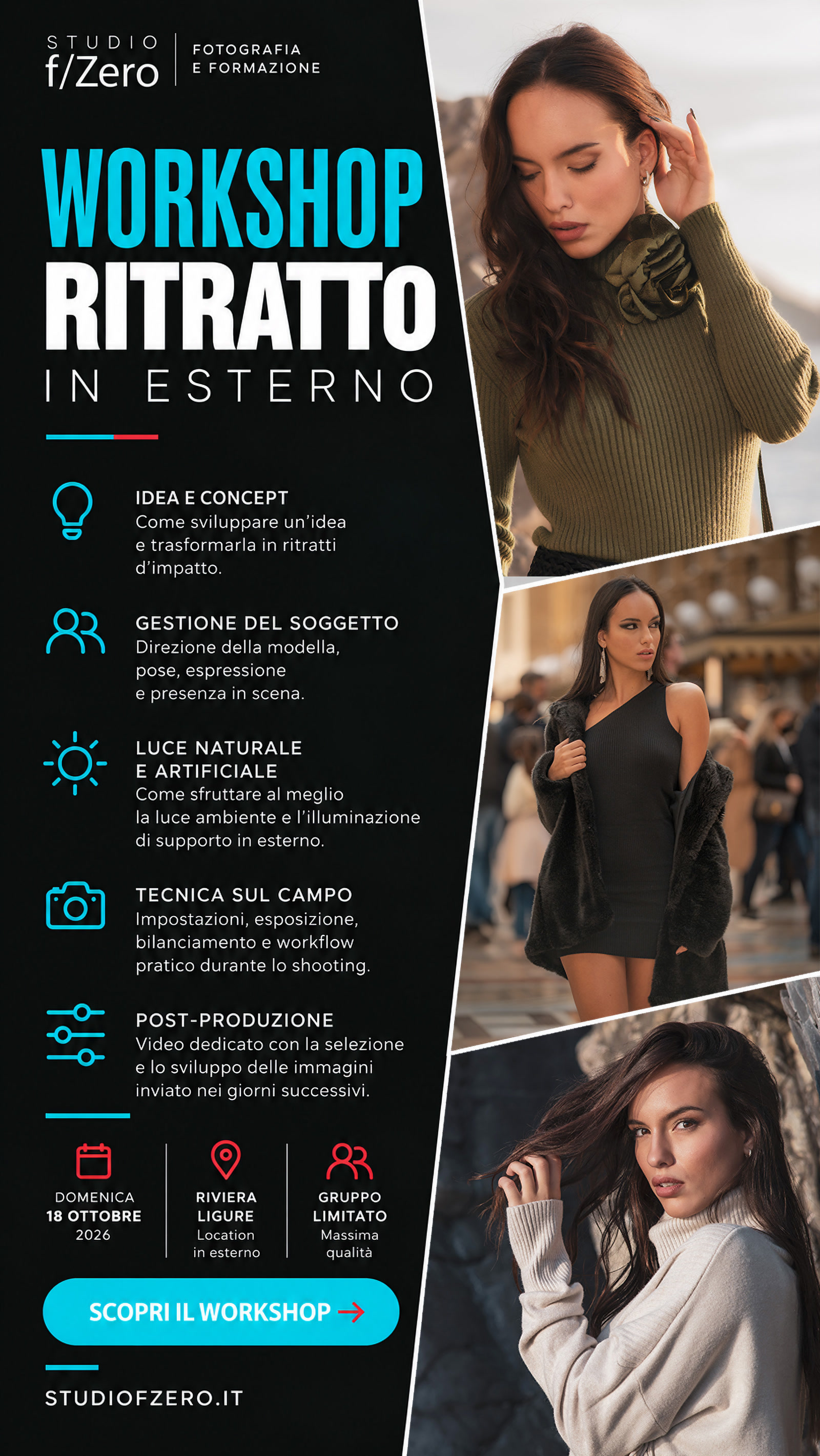 Locandina del Workshop Ritratto in esterno del 18 ottobre 2026 sulla Riviera Ligure